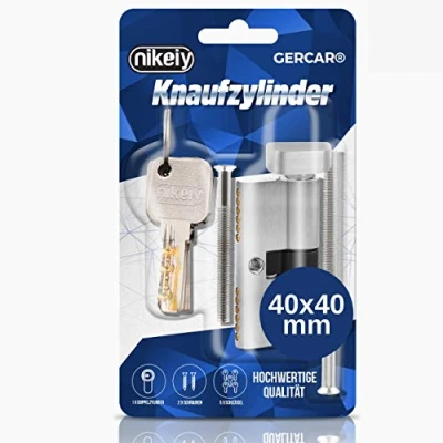 Imagen de GERCAR Pro 1x cerradura cilíndrica con botón latón niquelado mate 40/40 cilindro de cerradura/cerradura barril 80 mm pomo para puerta 5 llaves Longitud: mm, A: 40 B: