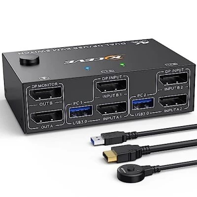 Imagen de Switch KVM 2 PC Monitores 8K@30Hz 4K@144Hz, ESKEVE de Doble Monitor DisplayPort para Share y 4 dispositivos USB3.0, con cable DP+USB controlador escritorio