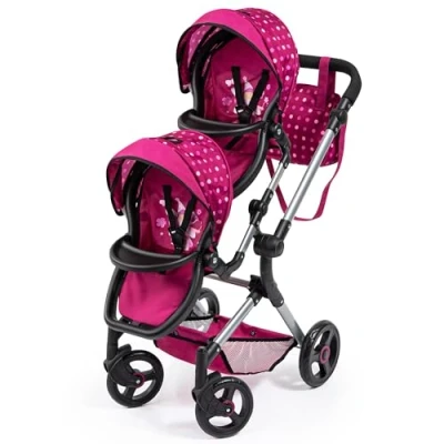 Imagen de Bayer Design 26267AA Cochecito de Muñeca Gemelas, Carrito Paseo para muñecos, Ajustable en Altura, Plegable, con la Bolsa Bandolera, Compatible Silla Coche EasyGo