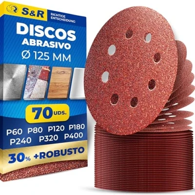 Imagen de S&amp;R 70 Discos Papel Lija PREMIUM/Hojas Abrasivo 125 mm. Grano 60/80/120/180/240/320/400 (70 pzs) 8 agujeros para Lijadora orbital