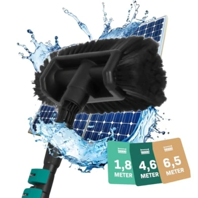 Imagen de VONROC Cepillo de lavado telescópico con mango 4,6 m, barras telescópicas extensibles, limpieza para ventanas, techos, sistemas solares, incluye cepillo, manguera, dispensador jabón