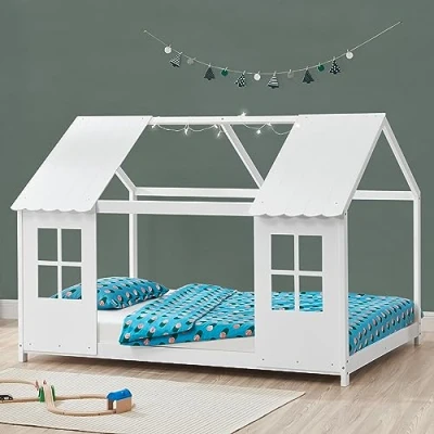 Imagen de [en.casa] Cama para Niños y Niñas en Forma de Casa con Ventanas Techo Infantil Somier máx. 200 kg Montessori 140 x cm Madera Pino Blanco