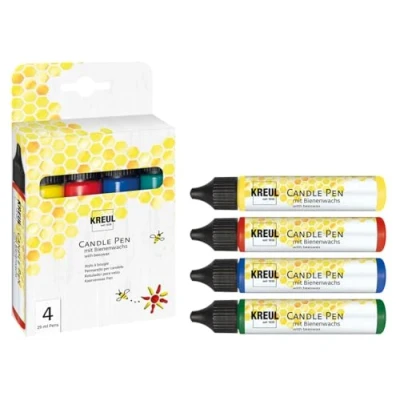 Imagen de KREUL 49755 Set de 4 rotuladores para velas, amarillo, rojo, azul, verde, 29 ml cada uno, punta fina, colores con cera abeja decorar y pintar velas