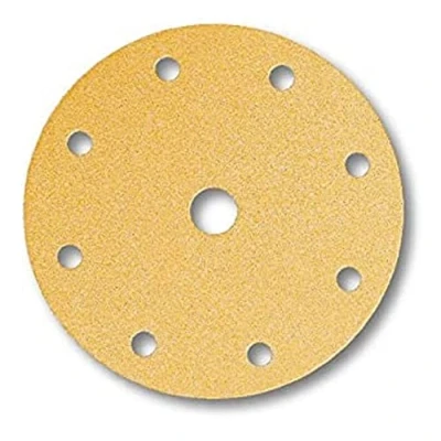Imagen de Mirka Gold Papel de lija universal Ø 150mm Velcro 9 agujeros, grano P220, 100 piezas / Para lijar yeso, masilla, aglomerado, madera, barniz