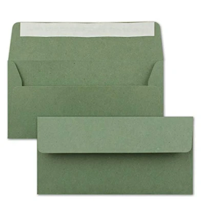 Imagen de NEUSER PAPIER 100 sobres de papel estraza reciclado verde, longitud DIN, 11 x 22 cm, autoadhesivos, vintage