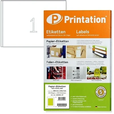 Imagen de Printation 210x148 mm A5 Power Labels Haft PLUS adhesivo fuerte, autoadhesivo imprimible, 200x DIN 1x1, 200 210 x 148 etiquetas adhesivas blancas DHL Etiqueta de envío Sticker la dirección
