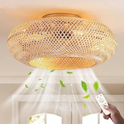 Imagen de Ventilador De Techo con luz y mando a distancia silencioso Lámpara E27 Retro luces ratán tejida mano Plafones Para Sala Estar Dormitorio restaurante Comedor Iluminación