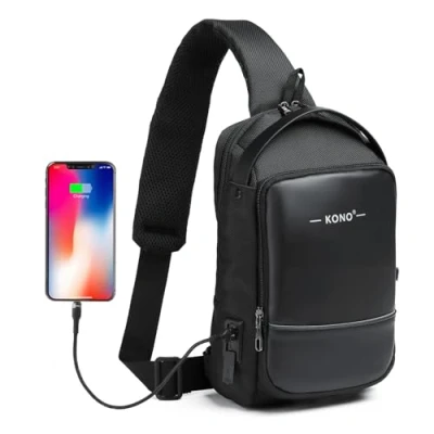 Imagen de Kono Mochila Antirrobo tipo Bandolera, Bolsa Cruzada Resistente al Agua con Puerto de Carga USB, Pecho Viaje Moda para Hombres Ciclismo, Camping y Caminata (Negro)