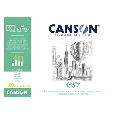 Imagen de Canson 1557, Papel de boceto Blanco, Grando ligero, 120g, Encolados por el lado largo, A2 42x59,4cm, Extra 50 Hojas