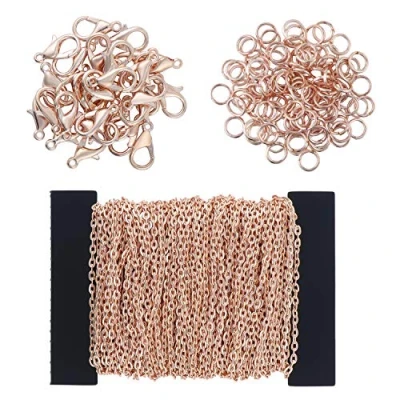 Imagen de Coolty Collar de cadena cable chapado 39 pies con 30 cierres langosta y 100 anillos salto para collares, accesorios joyería hacer bricolaje (oro rosa)