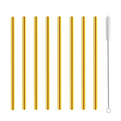 Imagen de pajitas cortas de cóctel acero inoxidable, reutilizables, pequeñas café para cócteles, accesorios fiesta, vasos, frasco, jugo, té, mojito, bebidas, con cepillo, dorado, 8 unidades