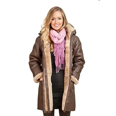 Imagen de Mujeres de Marrón Largo Invierno con Capucha Shearling Piel Oveja Cuero Abrigo Duffle M