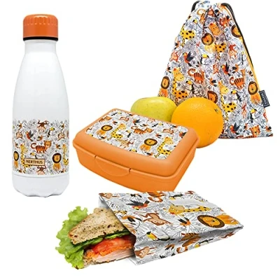 Imagen de NERTHUS FIH 1016 SET Botella Doble Pared Acero Inox + Lunchbox Bolsa Sandwich Mochila Leones