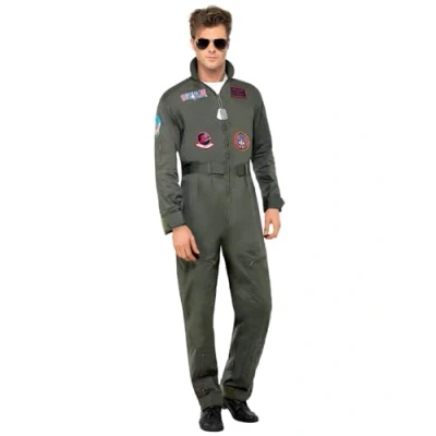 Imagen de Smiffys Disfraz deluxe de chico Top Gun, Verde, con mono, placas identificación y gafas sol