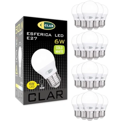 Imagen de CLAR Bombillas LED E27 Luz Fria, Bombilla Blanco Frio, Bajo consumo, Pequeña, 40W, E27, LED, G45, 6W (Pack 20)