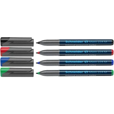 Imagen de Schneider 224 OHP Rotuladores permanentes (1 mm, con tapa, estuche de 4 unidades color negro, rojo, azul y verde)