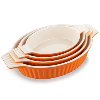 Imagen de MALACASA Juego de 4 Bandejas Horno Porcelana: 2000 ml (34,5 cm), 1390 (30,3 1100 (27,5 cm) y 700 (23 Ovaladas, Naranja para Servir Asados Verduras en Reuniones Familiares