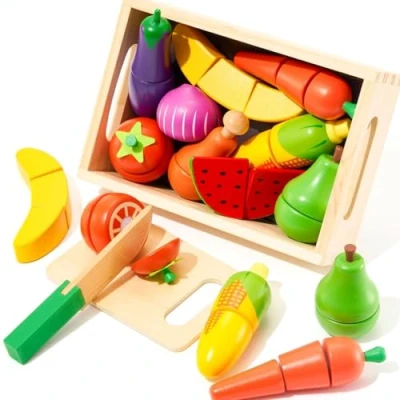 Imagen de SYNCFUN Frutas y Verduras Juguete Madera, Accesorios Cocina Juguetes de Madera,Cocinita Infantil Comida Juegos,Alimentos Educativos Montessori para Niños 2 3 4 5 Años