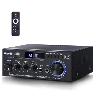 Imagen de Woopker AK45 Pro amplificador de audio estéreo receptor 2 canales 50 W x inalámbrico Bluetooth 5.0 HiFi potencia cine en casa RCA, USB, SD, micrófono para