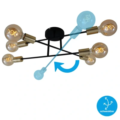 Imagen de BRILONER Leuchten Luz de techo, para 6 bombillas, brazos giratorios, máx. 60 vatios, no incluye negro mate dorado