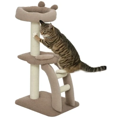 Imagen de PawHut Árbol Rascador para Gatos Altura 88 cm Torre con Nido Plataformas Bola Colgante Escalera y Poste de Sisal Café