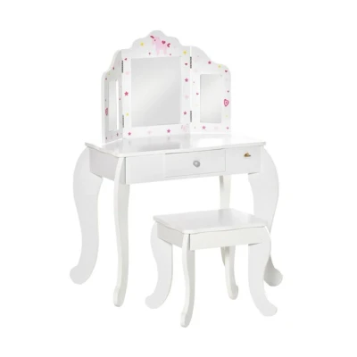 Imagen de HOMCOM Tocador Infantil de Madera con Taburete y Espejo Acrílico 3 Sectores Mesa Maquillaje para Niñas Cajón Habitación del Niño 63x40x85,5 cm Rosa