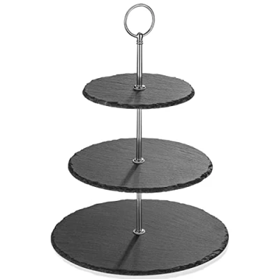 Imagen de MALACASA Soporte para Tartas/Torta/Dulces, 3 niveles (6&quot; 8&quot; 10&quot;) Natural Slate con Asa de Plata, Serie Sweet.Time