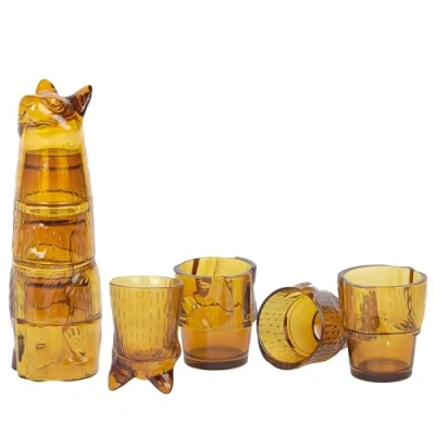 Imagen de Doiy Juego de Vasos Cristal Diseño en Forma Gato Fabricados con para Decorar Apilables Apto Lavavajillas Color Amarillo 7x8x29cm 4 Unidades
