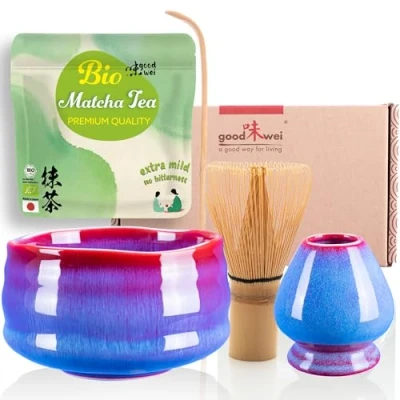 Imagen de Goodwei Juego de Matcha 30g Té Biológico Japonés, Cuenco Ceremonial, Batidor y Soporte (Seiun), Cerámica, 430 ml