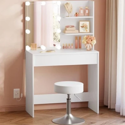 Imagen de WOLTU Tocador con Taburete, Maquillaje Espejo y Luz, Mesa Cajon Grande 2 Estantes, Espejo, 10 Bombillas LED, Moderno para Dormitorio, Blanco, 75x40x136 cm, MB6113ws