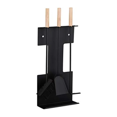 Imagen de Relaxdays Set Moderno de Accesorios para Chimenea, Pala, Cepillo, Atizador &amp; Soporte, Negro, Madera