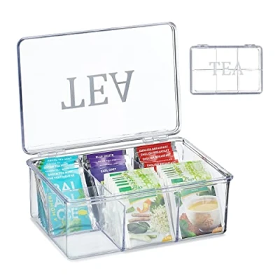 Imagen de Relaxdays Caja Té, Plástico, 6 Compartimentos, 9 x 21,5 15 cm, Cajita Organizadora Bolsas Infusiones, Transparente