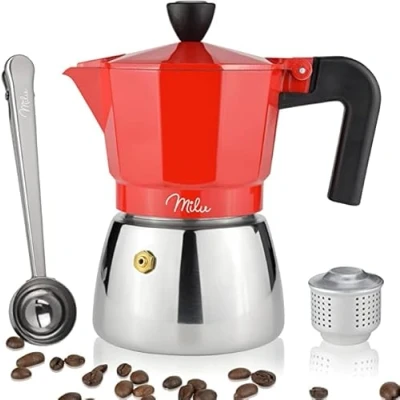 Imagen de Milu Cafetera Italiana inducción 3, 6, 9 tazas Moka de Aluminio, Expresso Maker Set comprensivo di sottobicchiere, cucchiaio, spazzola (Rojo, 3 (150ml)
