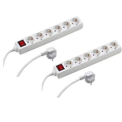 Imagen de Meister regleta de 6 enchufes, 2 Unidades, Cable 1,4 m, Color Blanco, línea plástico, IP20, para Interiores, Interruptor, múltiple, Enchufe Mesa, 7430560