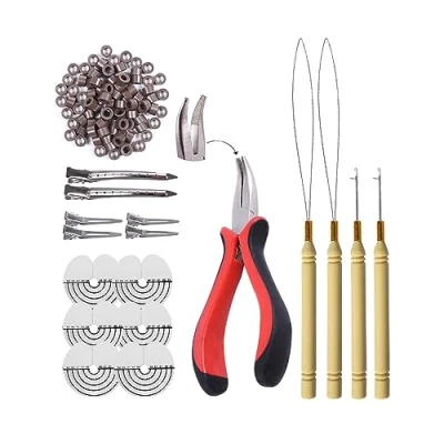 Imagen de Kit de herramientas extensión cabello 1pcs Alicates punta curva + 200pcs Anillos para el silicona Micro Links Beads 2pcs Agujas tirar del cabello(5# marrón)