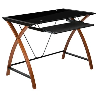 Imagen de Flash Furniture Muebles Escritorio De Cristal para computadora con Bandeja extraíble Teclado y Marco Entrecruzado, Metal, Black, Conjunto 1