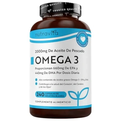 Imagen de Superfuerza Omega 3 2000mg 240 Capsulas Blandas de Gel. Máxima Concentración DHA 440mg y EPA 660mg. Concentrado Aceite Pescado para Colesterol 4 Meses Nutravita