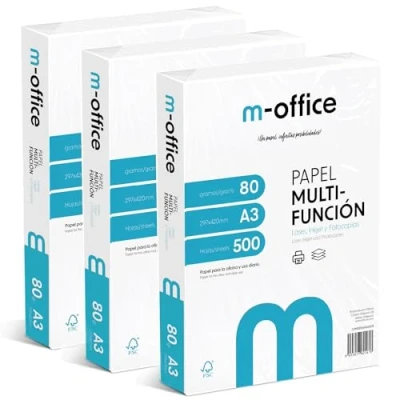 Imagen de Paquete Folios A3 80gr, 3 Paquetes de 500 hojas, Papel Multifunción para Impresora Inkjet y Láser, Hojas 297 x 420 mm Ideales la Oficina como el Hogar · m office (1500 hojas)