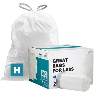 Imagen de Plasticplace Simplehuman Bolsas de basura ajuste personalizado (x) compatibles con código H, 8 9 galones, 30 35 litros, 18.5 x 28 pulgadas, 200 unidades, color blanco