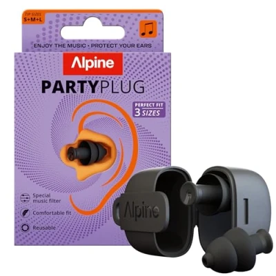 Imagen de Alpine PartyPlug Tapones de Oídos Conciertos 19dB Protección Auditiva Esencial para Festivales, Reutilizables Música &amp; Raves, 3 Tamaños (S/M/L), Negro