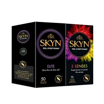 Imagen de SKYN Elite, Preservativos Sin Látex Suaves UltraFinos (50Uds) + Five Senses, Mixtos (5Uds)