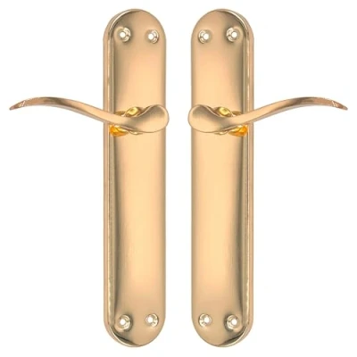 Imagen de MICEL 07971 Juego de manilla para puerta con placa acero y maneta aluminio, Acabado latonado, Color dorado, 240 x 123 50 mm