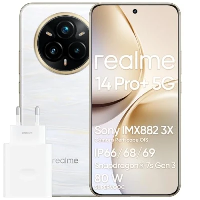 Imagen de realme 14 Pro+ 5G Smartphone, Teléfono móvil Android, 8+ 256 GB, 6.83&quot;, 50 MP Sony Cámara OIS, Diseño Que Cambia de Color con el Frío, IP69, Pantalla 120 Hz, 5260 mAh, Blanco (con Adaptador)
