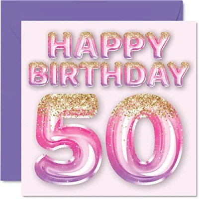 Imagen de Tarjeta de cumpleaños número 50 para mujer, globos purpurina rosa y morada, tarjetas feliz mujer años, mamá, niñera, abuela, tía, 145 mm x mm, felicitación