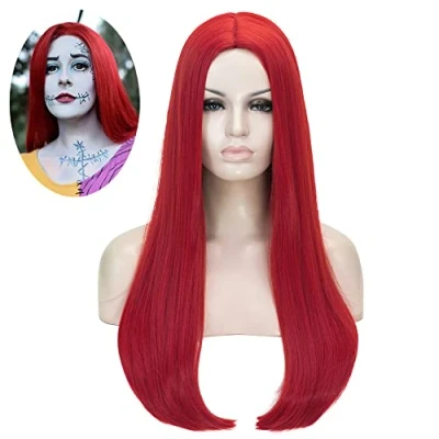 Imagen de ATAYOU® Mujeres Peluca Roja Larga y Lisa Sintética Resistente al Calor de Halloween Canival