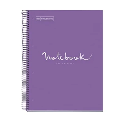 Imagen de Miquelrius Cuaderno A4 Notebook Emotions, 80 Hojas 90 g/m², Rayado Horizontal 7 mm, 1 Franja de Color, Espiral Microperforado, Rayado, Tapa Extra Rígida, 4 Taladros, Púrpura