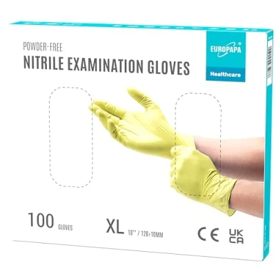 Imagen de EUROPAPA® 100 guantes de nitrilo desechables, desechables nitrilo, sin polvo, látex, no estériles, disponibles (XL, amarillo)