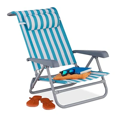 Imagen de Relaxdays Tumbona Playa Plegable, Reclinable, 8 Niveles, Silla Piscina Reposacabezas, Abrebotellas, Rayas, Azul y Blanco, 1 Pieza
