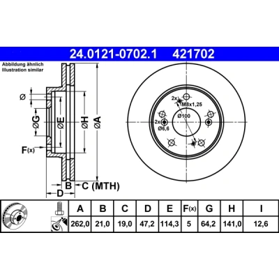 Imagen de ATE 24.0121 0702.1 Disco de freno 262,0 21,0 5 114,3 ventilado revestido con tornillos HONDA: CIVIC 7 Hatchback, 8, Coupe