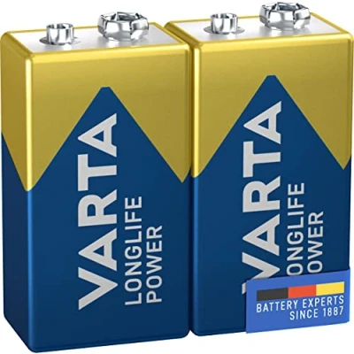 Imagen de Varta Pila de 9 V Longlife Power 6LR61 (paquete 2 unidades) pilas alcalinas E Block, adecuados para los detectores incendios, humo, afinadores, azul